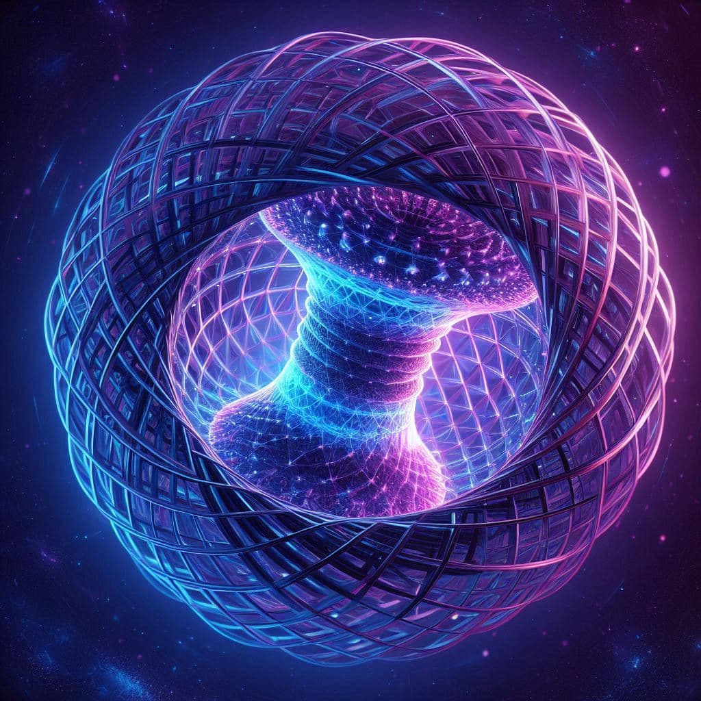 AI generated: The warp core is a spinning bonelike geometric structure made of purple and azure plasma. 3d digital...