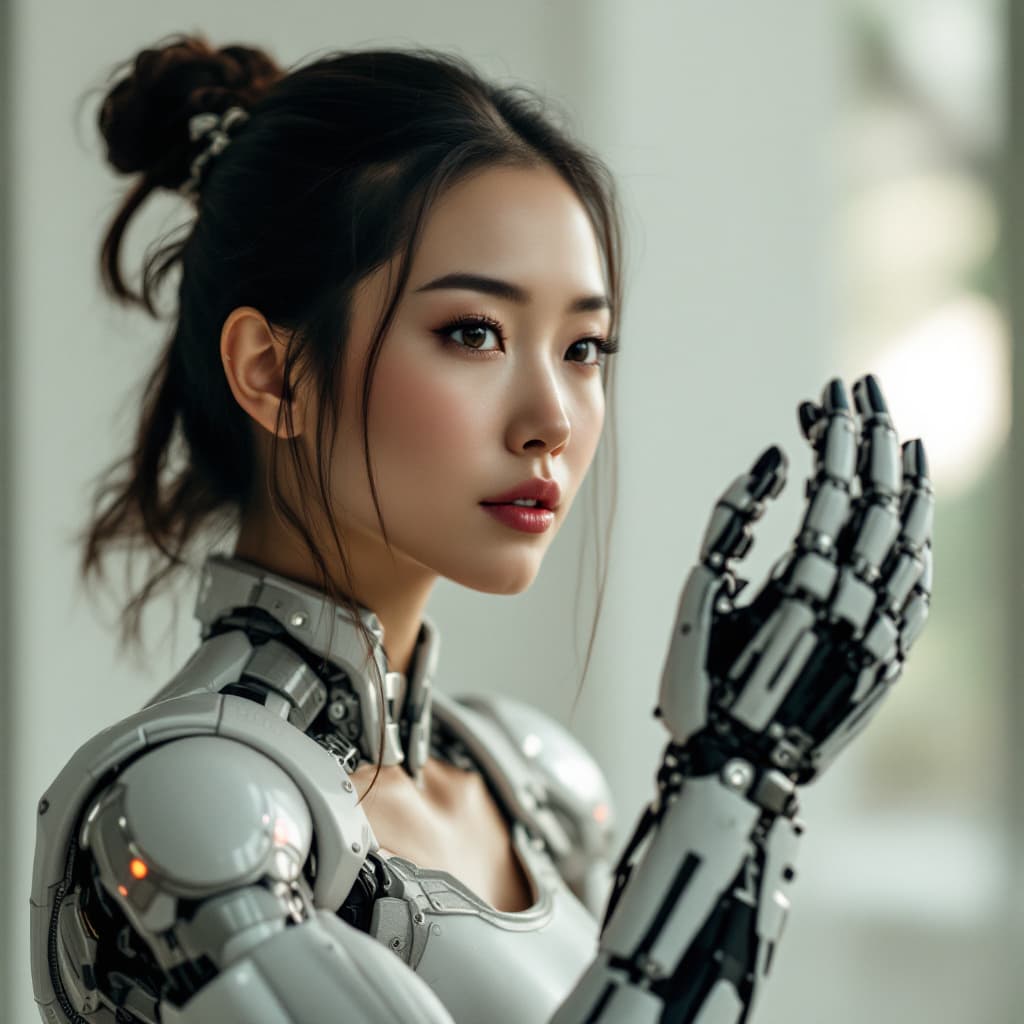 AI generated: asian woman has her arm replaced wit a mechanical one after losing it during the war against the mac...