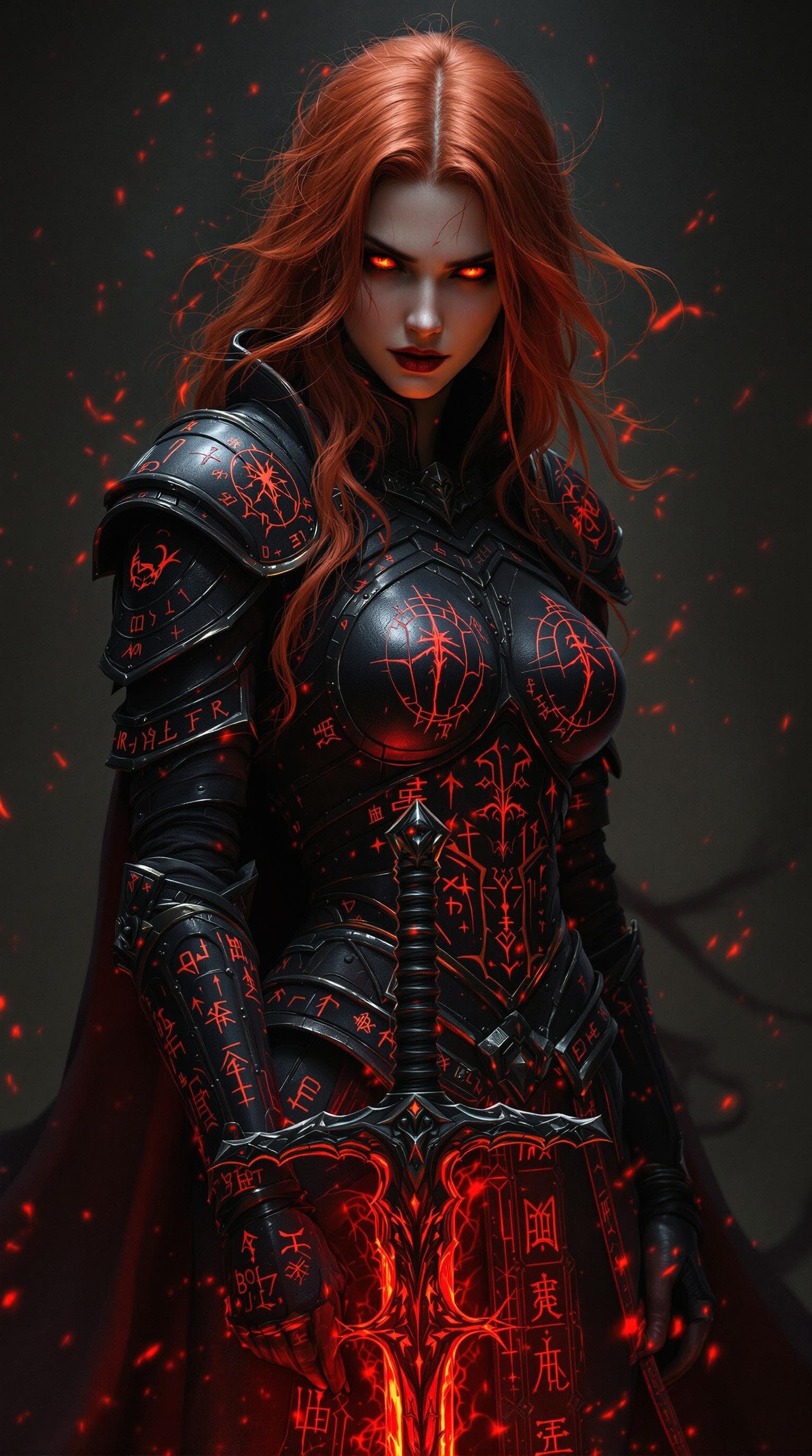 AI generated: A crimson-haired sorceress stands before me, her fiery locks and blazing eyes piercing through the d...