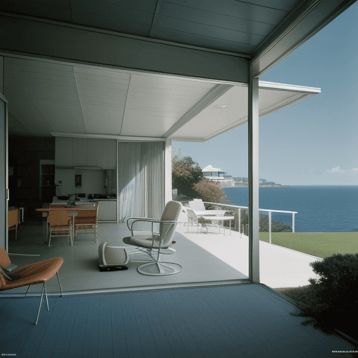 AI generated: Hyper realistic eye level exterior photo of a mid century modern style house overlooking the ocean, ...