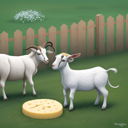 AI generated: Two goats and meadow near a fence with cheese, cottage cheese and milk on the grass. realistic.