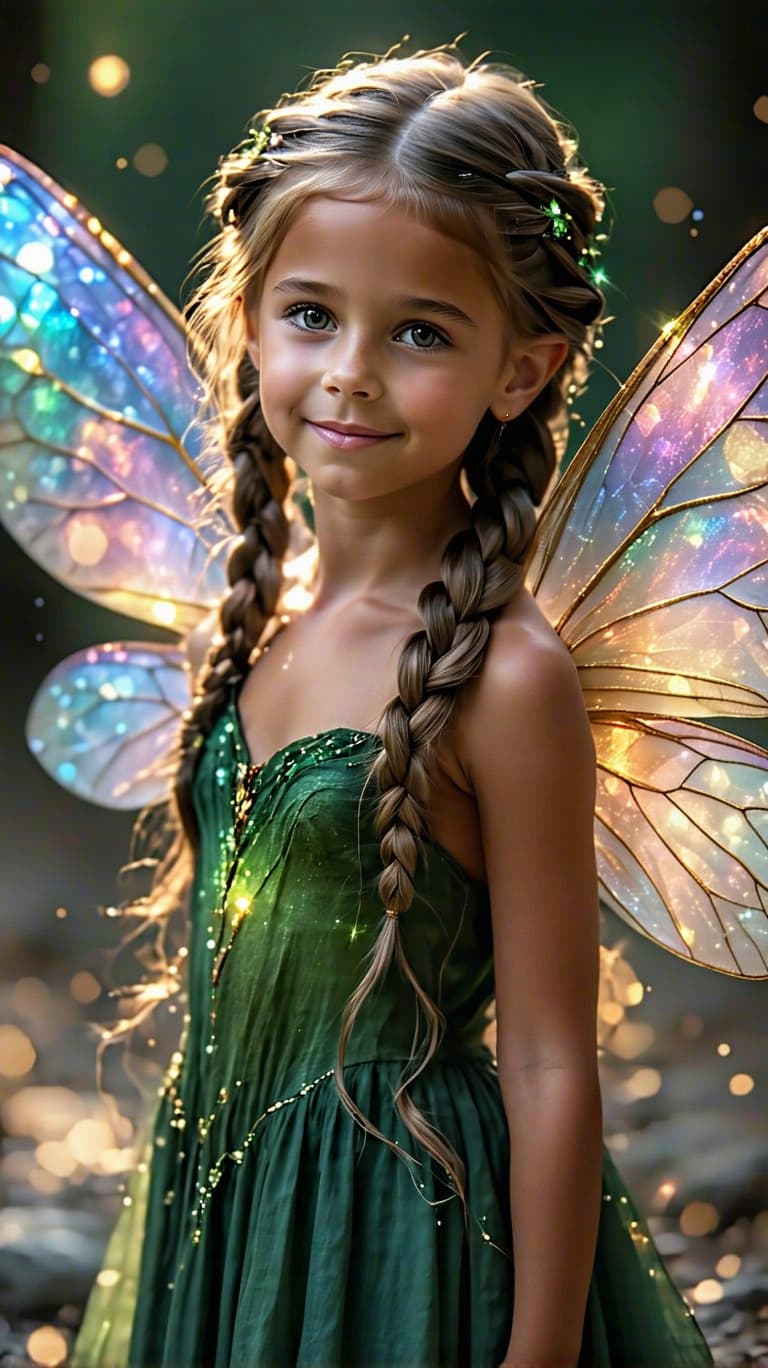 AI generated: A professional photo of a realistic of a twelve year old Fairy (full Body) with shimmering dragonfly...