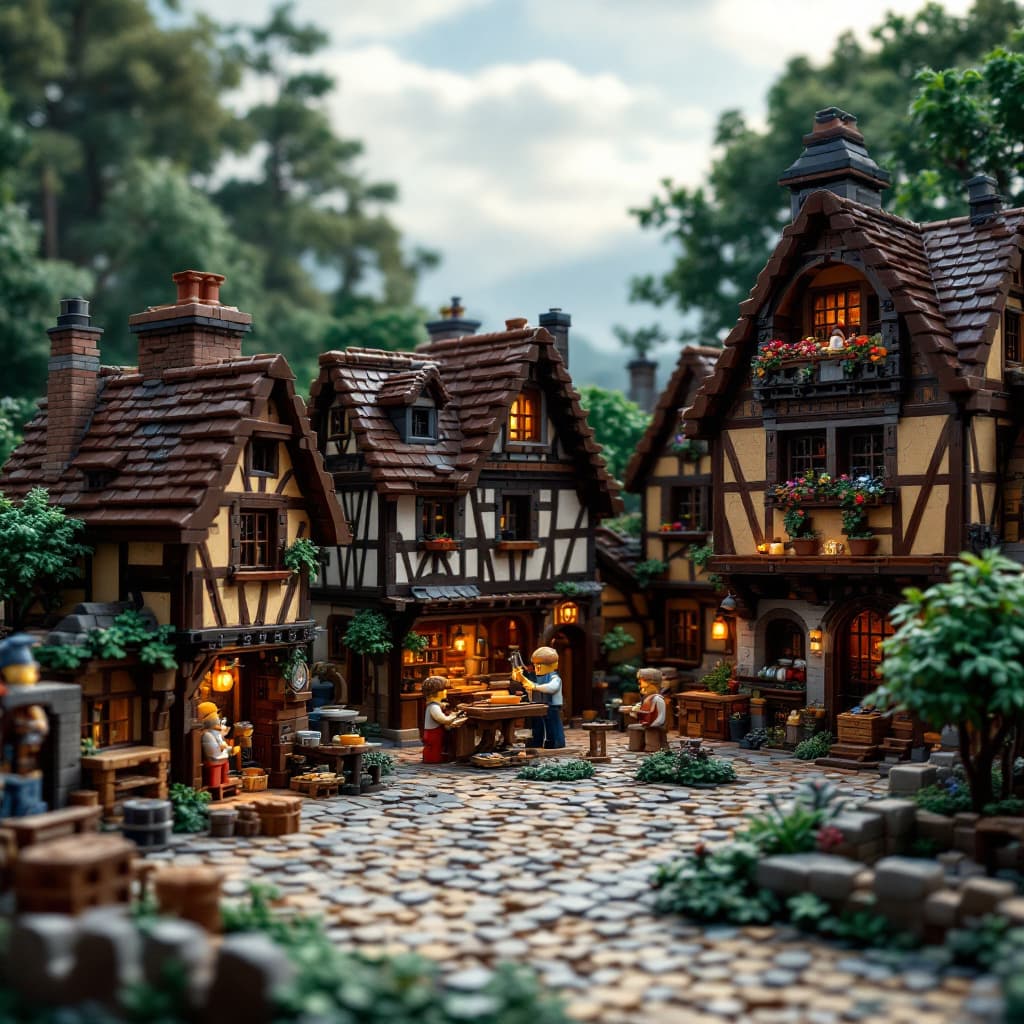AI generated: A LEGO medieval village with a blacksmith, bakery, and timber houses