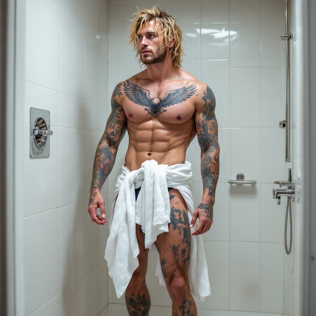 AI generated: Full body view, tall toned jock, blue eyes, wavy blond messy hair, lots of tattoos, eagle chest tatt...