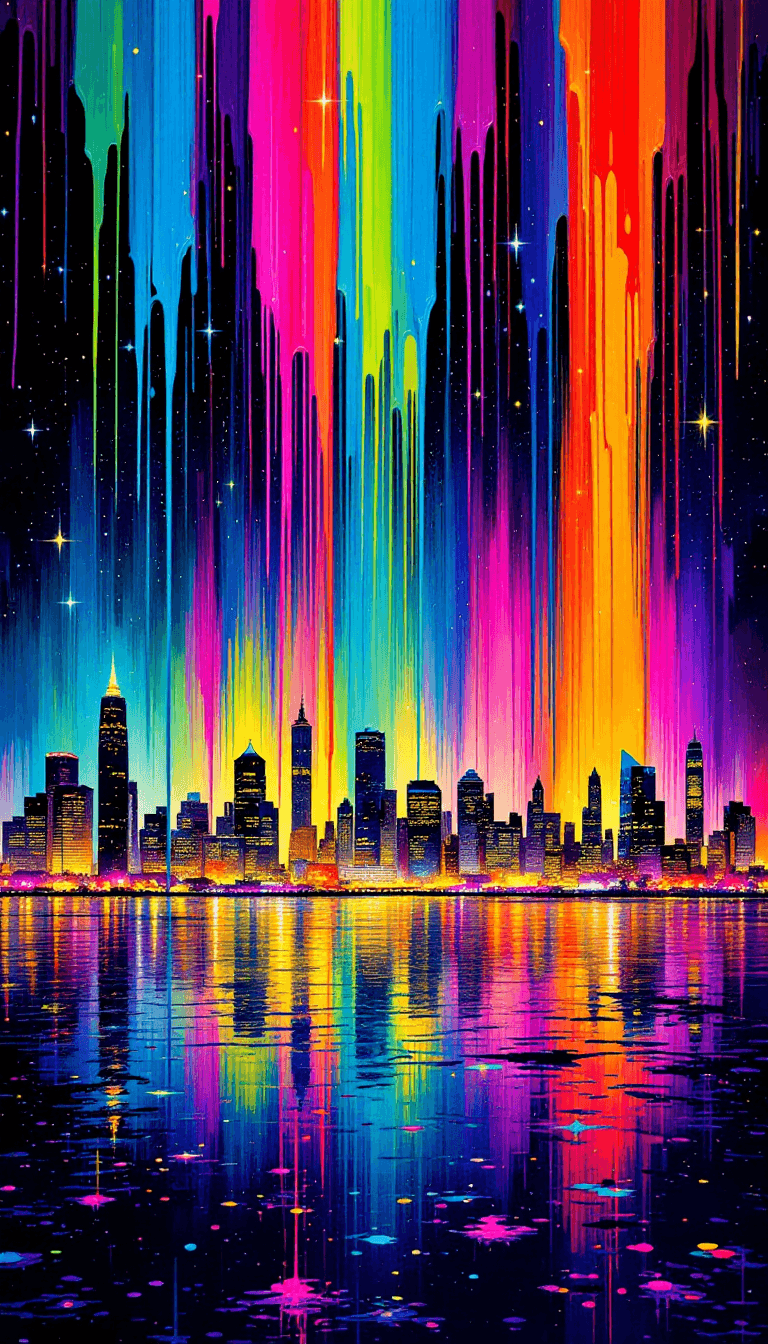 AI generated: A vibrant city skyline at night, illuminated by glowing neon lights reflecting beautifully off the w...