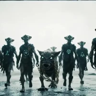 AI generated video: /Artprompt Sci-fi, create a dystopian futuristic scene depicting (a group of strange mystical beings...