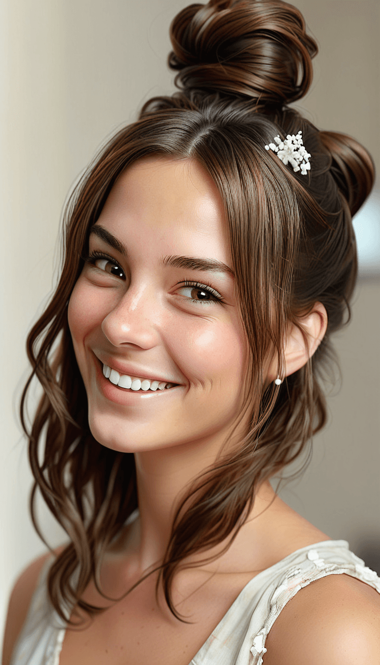 AI generated: Medium close-up photograph of a woman with brunette hair in a messy voluminous bun plays with her ha...