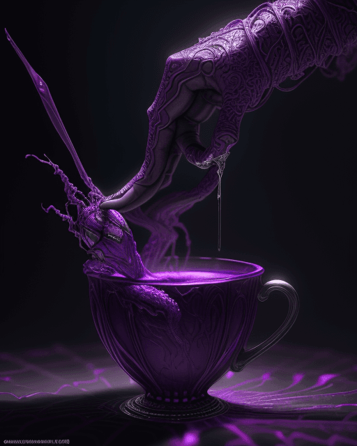 AI generated: cup of codeine Spiderman, purple liquid in cup glowing, fantasy, dramatic, intricate, elegant, highl...
