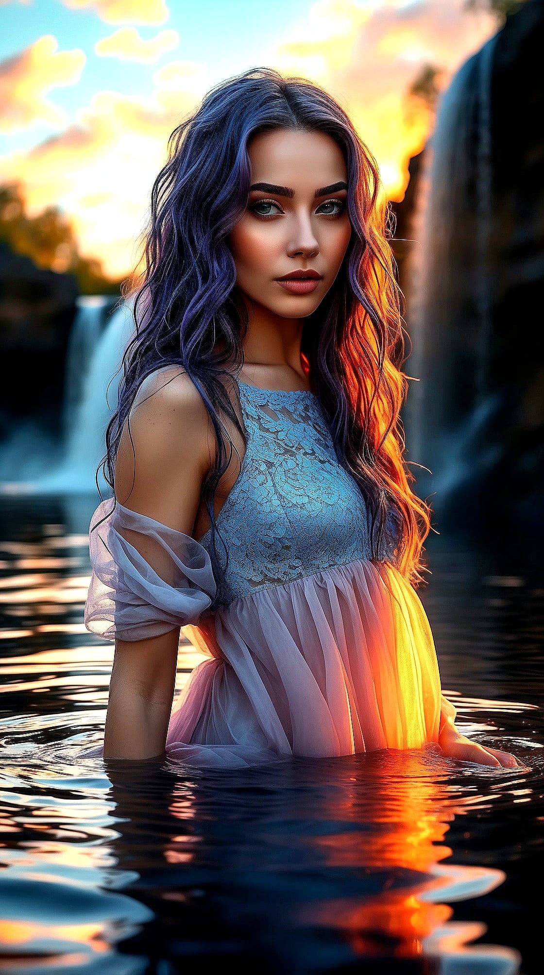 AI generated: A realistic, full body photo of a beautiful, pale, ivory skin tone female in a lace, translucent, sk...
