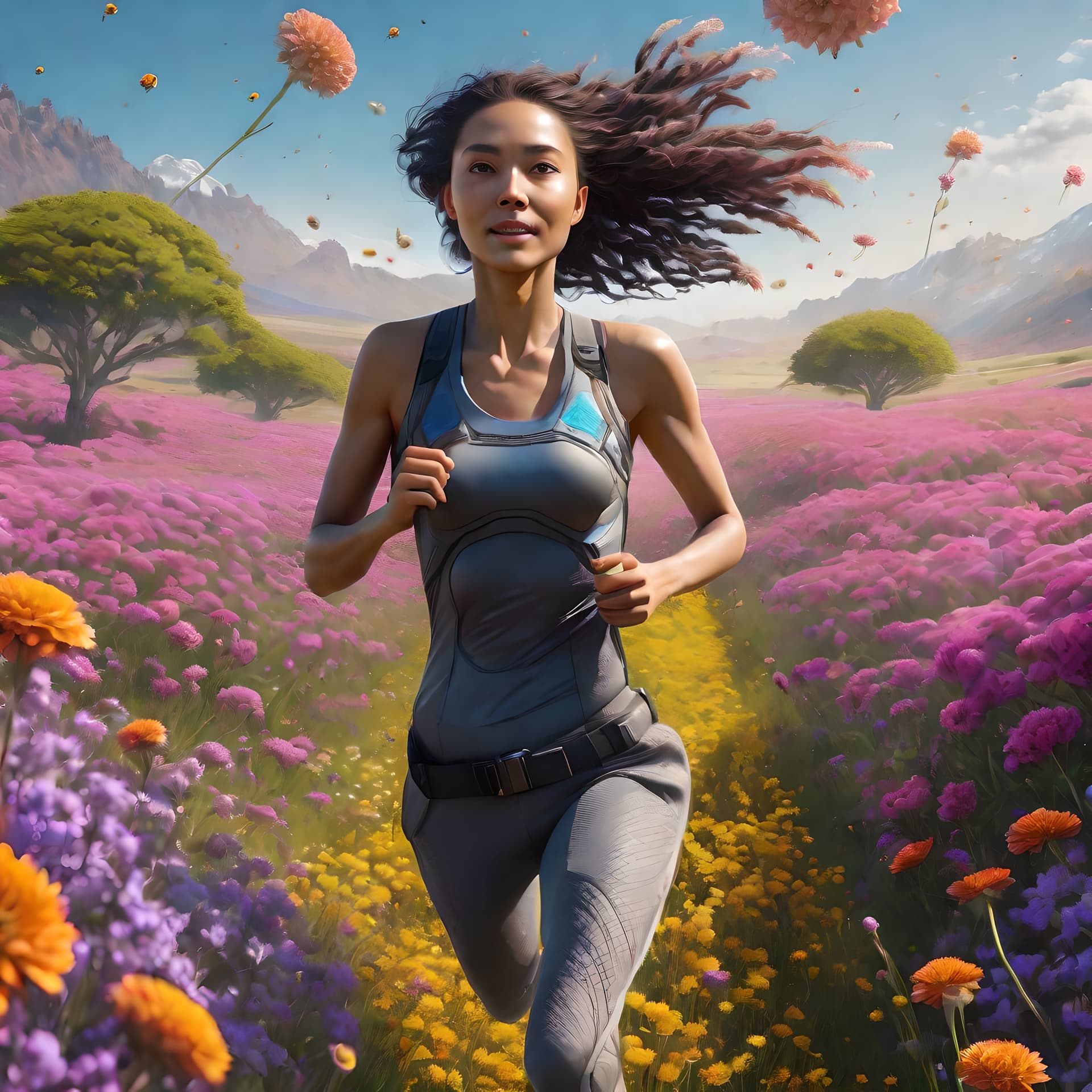 AI generated: a standard, well proportioned woman that is just an average person, happy, running through a field o...