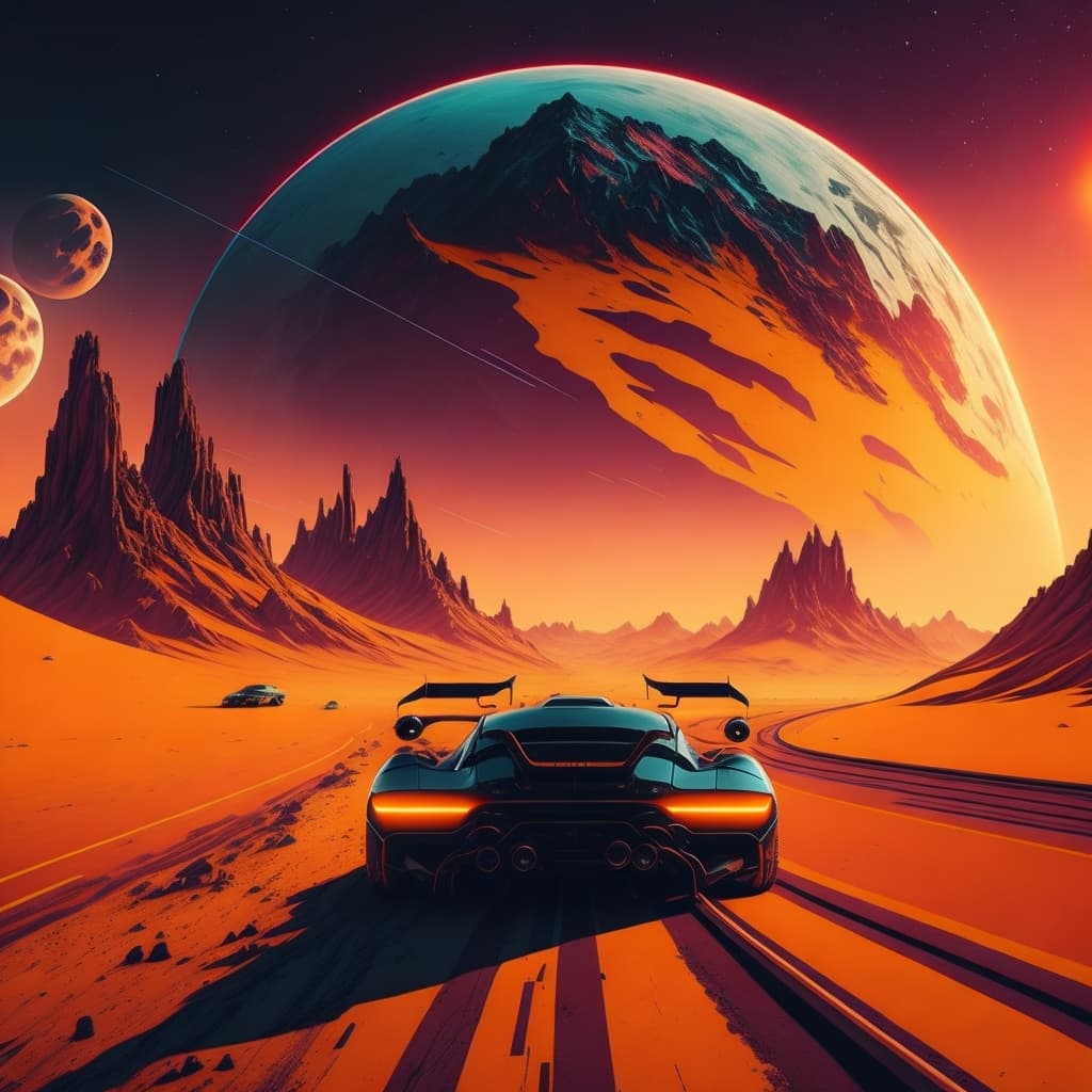 AI generated: fast car | race driving on the moon | futuristic landscapes | crazy color trails | sun shining | fas...