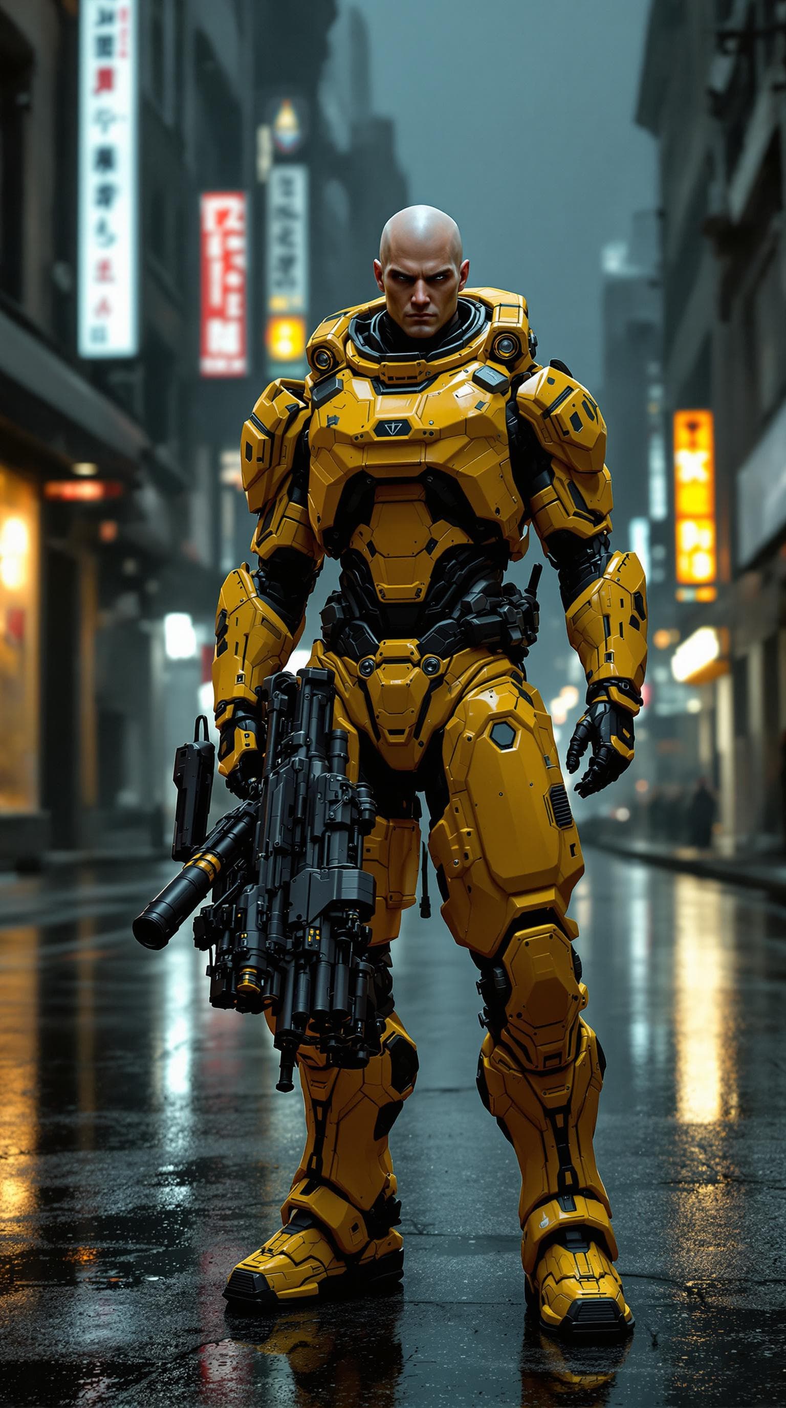 AI generated: Yellow and black , cyber, 8k, ultra realistic, cyborg, transhumanism, futuristic, warrior, bald head...