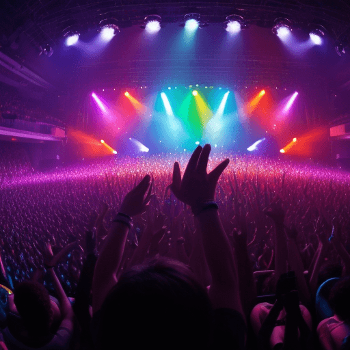 AI generated: wide angle cinematic photo top of concert crowd hands in the air, multi colored stage lights, 8k
