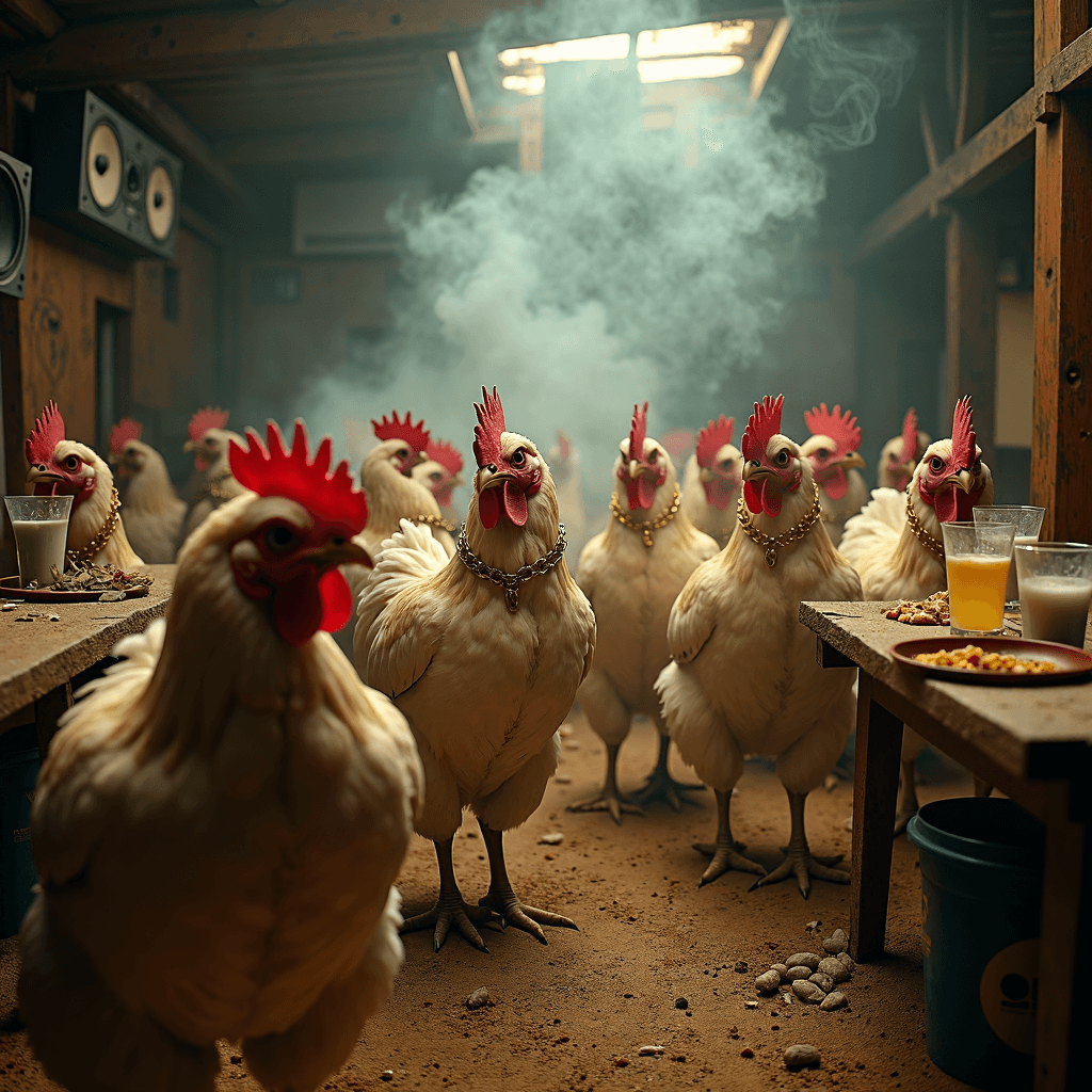 AI generated: inside a noisy and dusty chicken coop where all the chickens are dressed in gangster style with gold...