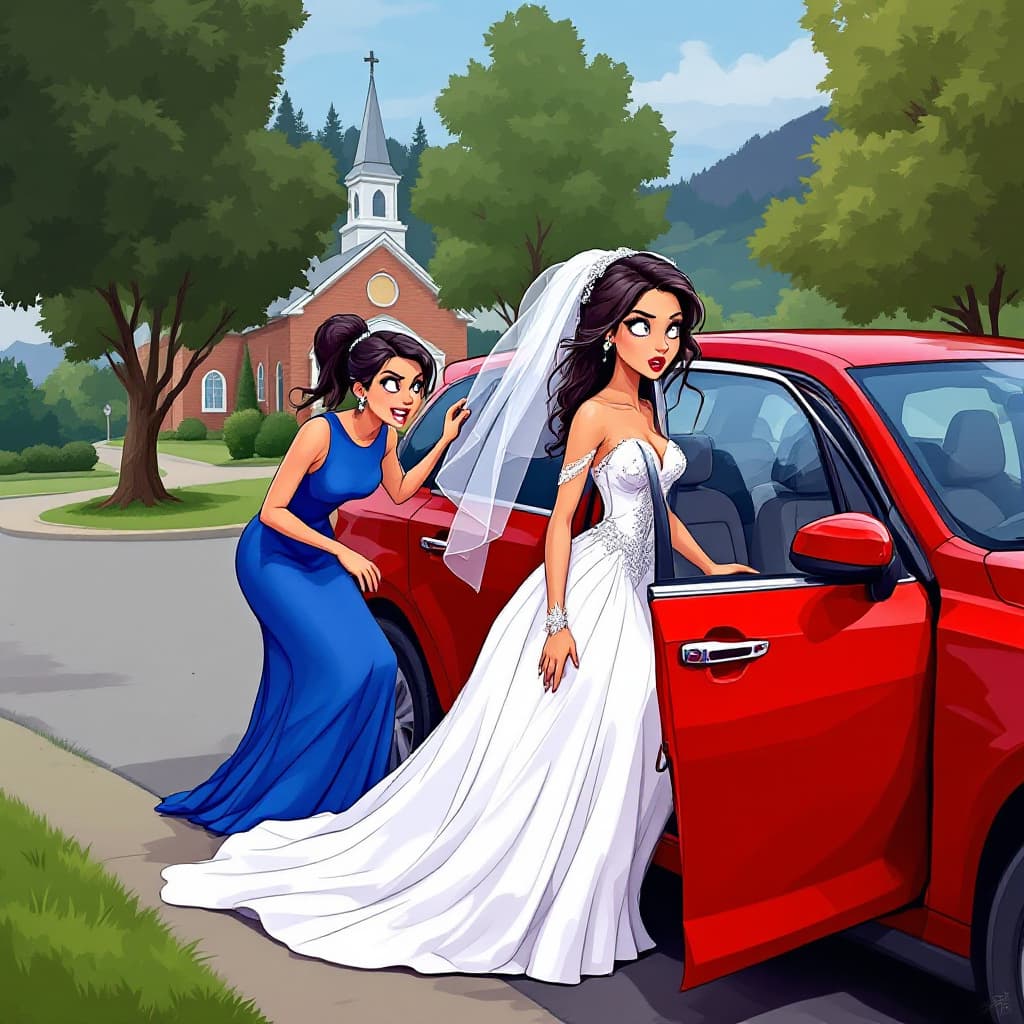 AI generated: A 2D cartoon-style illustration showing a bride stepping out of a red car near a church. The bride i...