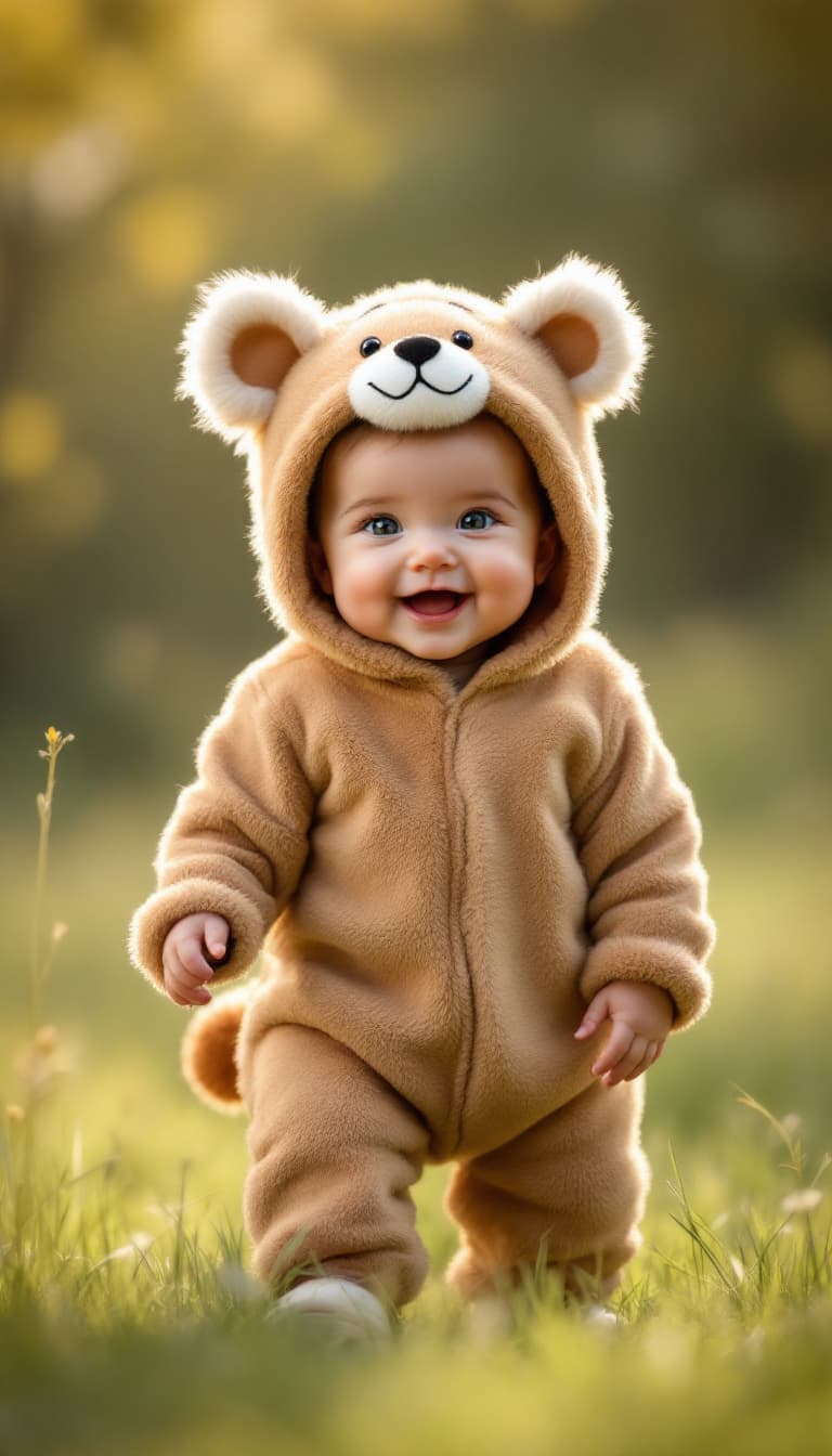 AI generated: A hyper-realistic image of a baby dressed in an adorable animal-themed costume, such as a fluffy bea...