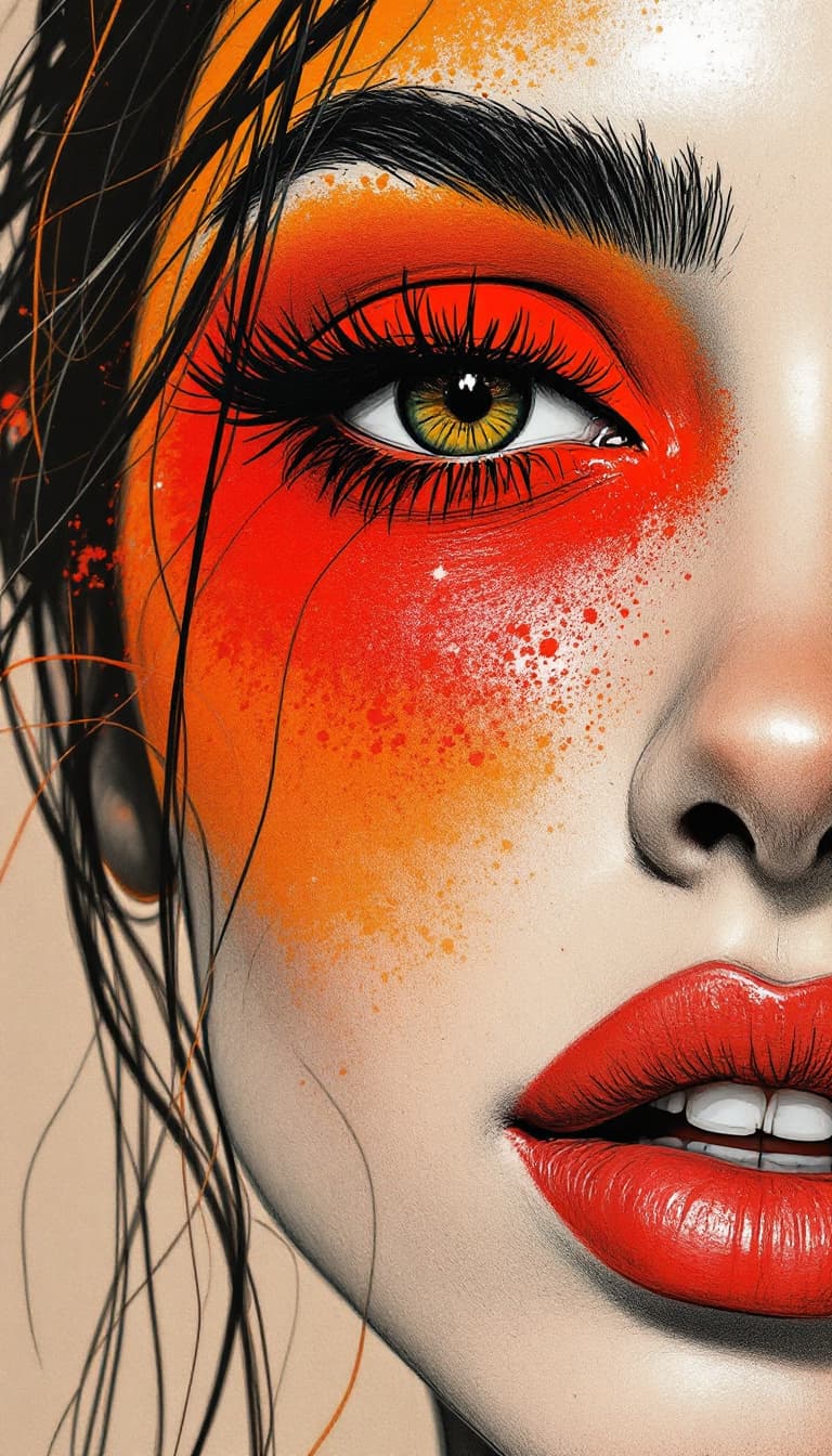 AI generated: a drawing of a woman's face with a red eyeshadow, in the style of bold colorful lines, dark beige an...