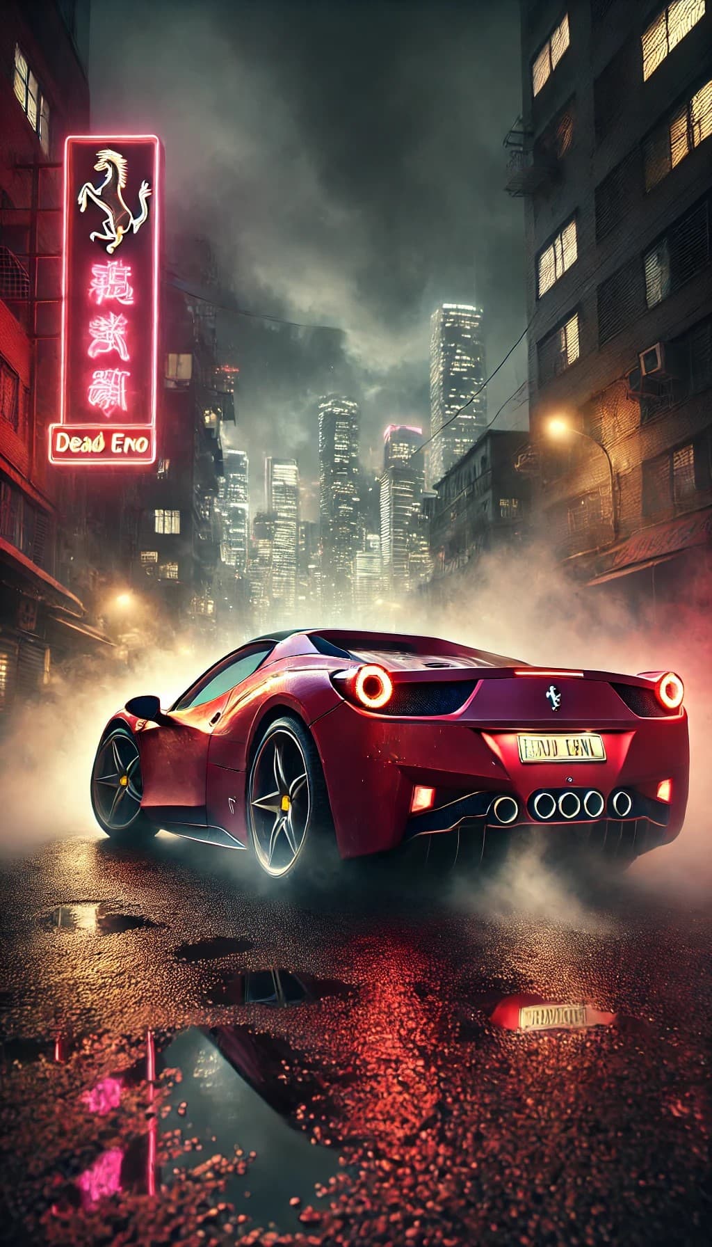 AI generated: A hyperrealistic, cinematic shot of a Ferrari 458 Spider from a slightly elevated three-quarters rea...