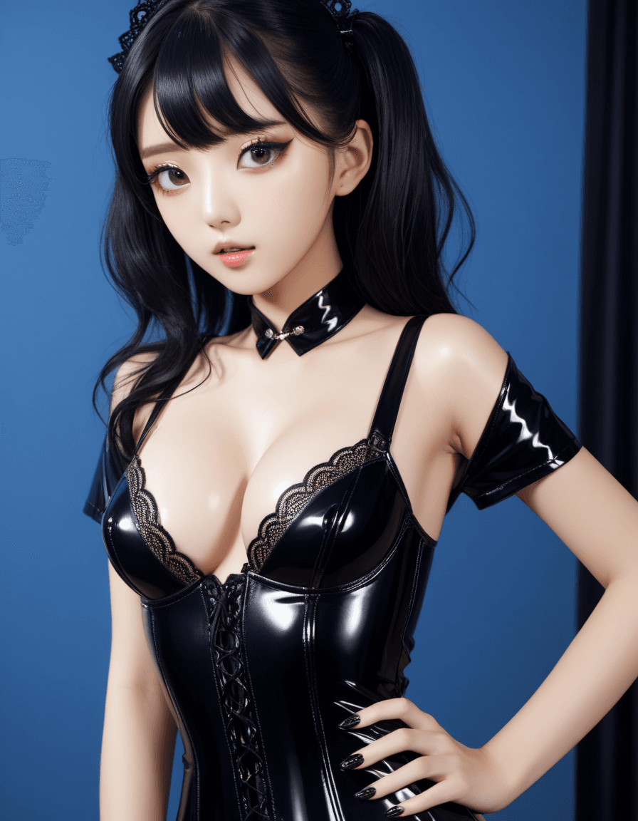 AI generated: masterpiece, upper body of a Korean woman wearing latex clothes, posing, tiny breasts, cleavage, ski...
