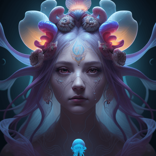 AI generated: Goddess close-up portrait ribcagel. jellyfish phoenix head, nautilus, orchid, skull, betta fish, bio...