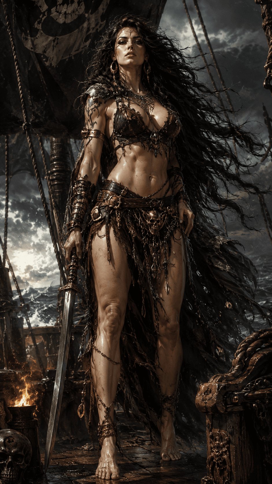 AI generated: Towering dark-haired warrior queen standing on the deck of a savage ancient pirate ship, full body c...