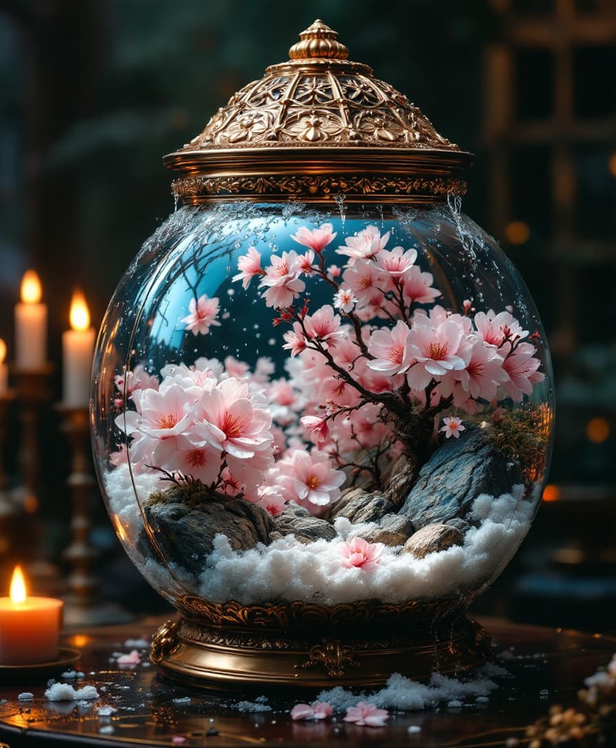 AI generated: A surreal and intricately designed glass terrarium containing a self-contained sakura blossoms tempe...