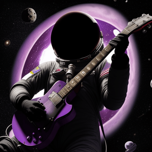 AI generated: an astronaut who plays guitar beside the blackhole, purple, black, space, amazing, deep, spaceship 