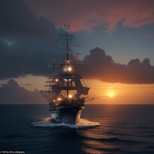AI generated: Beautiful alien, frigate at sea against the backdrop of sunset, fantastic landscape, unusual eyes, h...