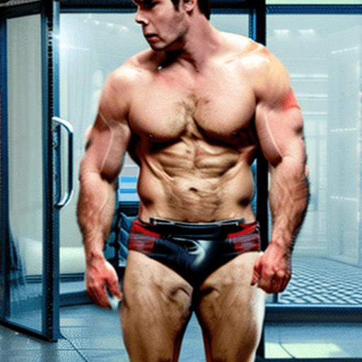 AI generated: henry cavill with gigantic muscles, wearing nothing, full body, , looking at camera, inside shower b...