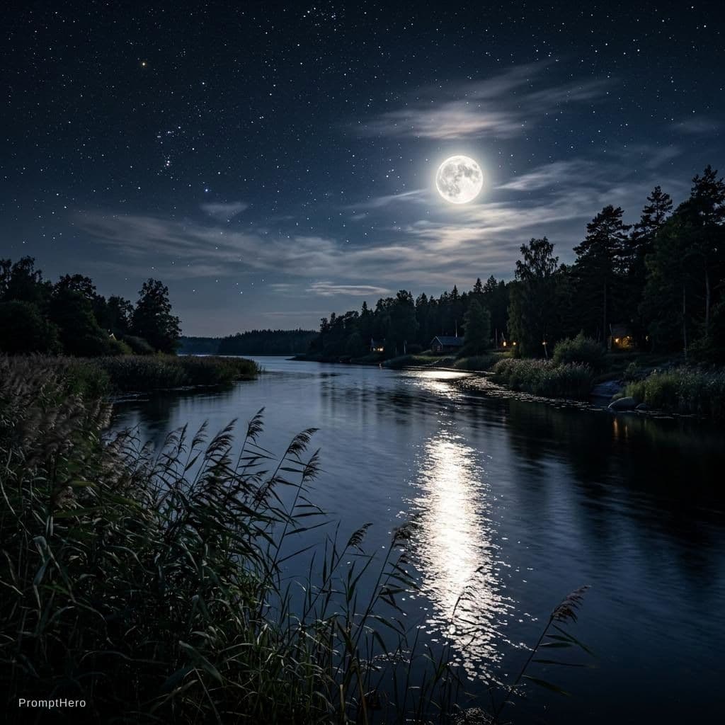 AI generated: Moonlit riverside, night sky serenity, reflections of moon on water, reeds swaying in night breeze, ...