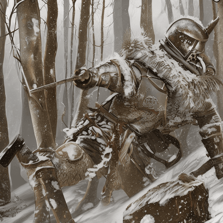 AI generated: A highly detailed illustration of a medieval knight trudging through a fierce snowstorm in a dense, ...