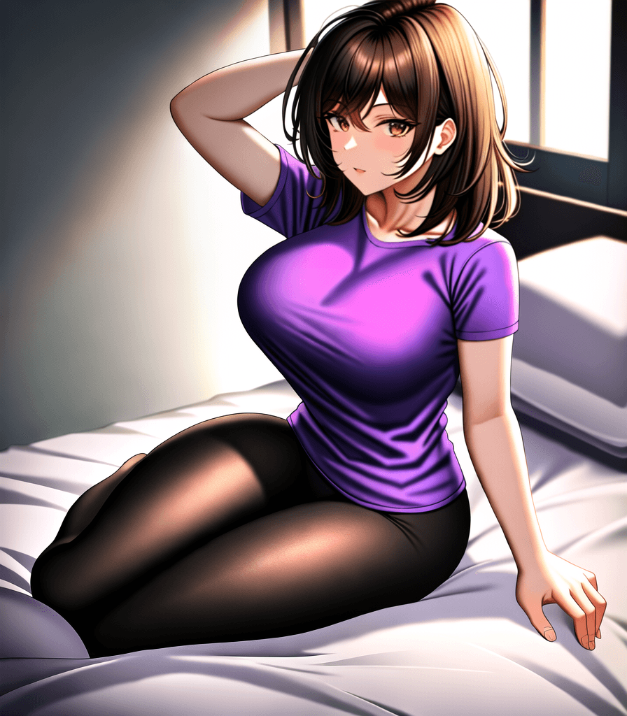 AI generated: perfect anime illustration, 1girl, messy hair, medium hair, brown hair, hazel eyes, (huge breasts, l...