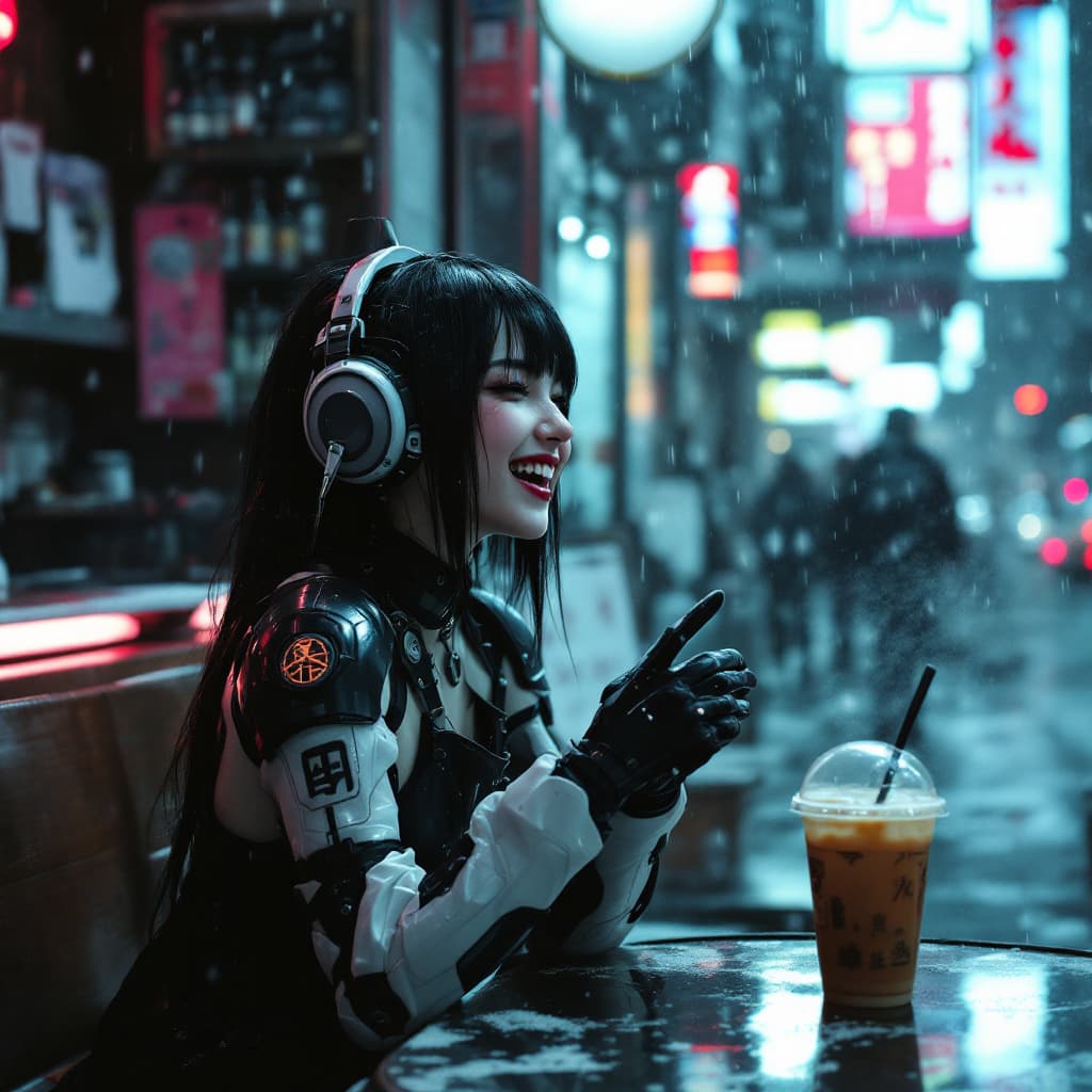 AI generated: Cyberpunk, fantasy, horror. Realistic, high detail. 45 degree from the side medium shot. Inside japa...