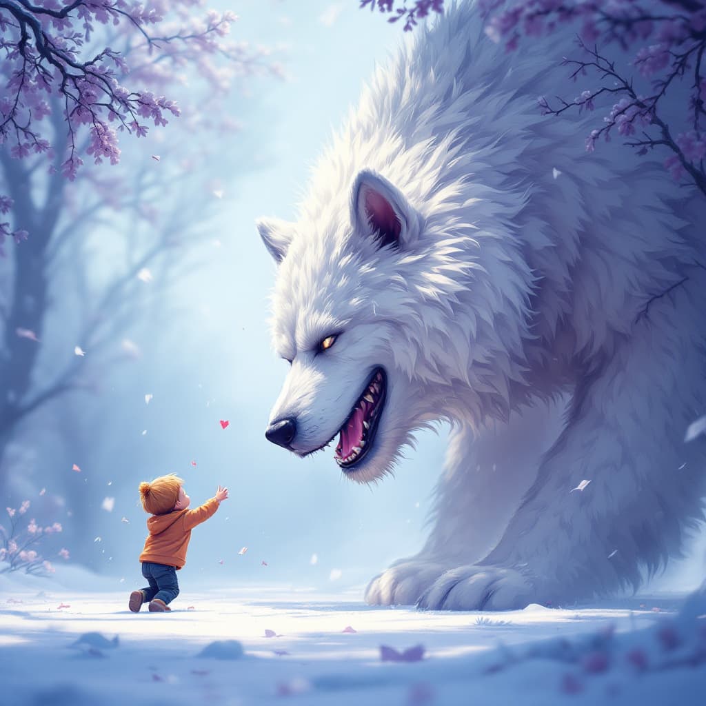 AI generated: A small child playing fetch with a massive friendly giagntic dog, they are friends --chaos 25 --ar 4...