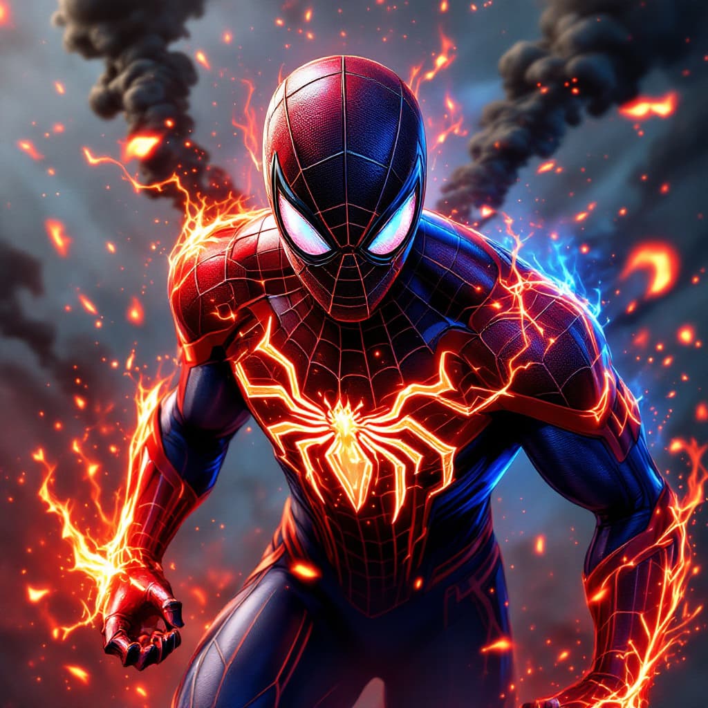 AI generated: a high angle shot of Spider-man character design, body is adorned with glowing golden runes, red and...