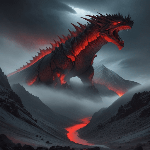 AI generated: epic landscape where a colossal dragon looms out of the stormy sky, with huge red flames comes up of...
