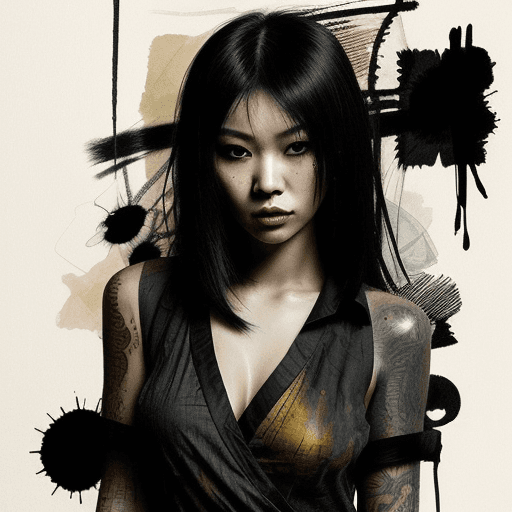AI generated: aesthetic, painterly style, modern ink, Asian girl, sensual, sultry, dark blouse, expressive pose, u...