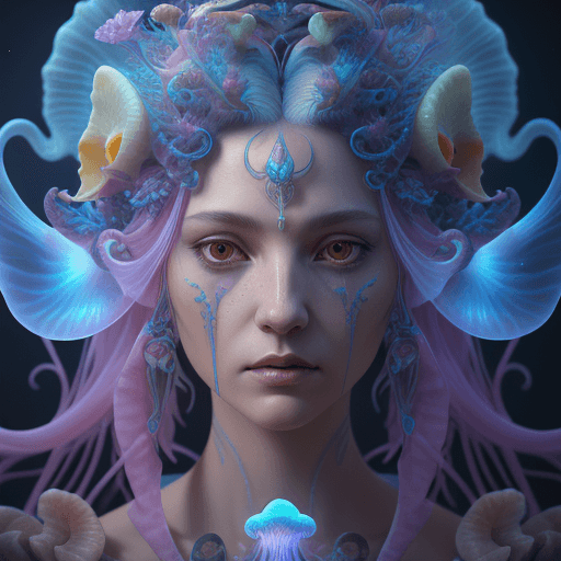 AI generated: Goddess close-up portrait ribcagel. jellyfish phoenix head, nautilus, orchid, skull, betta fish, bio...