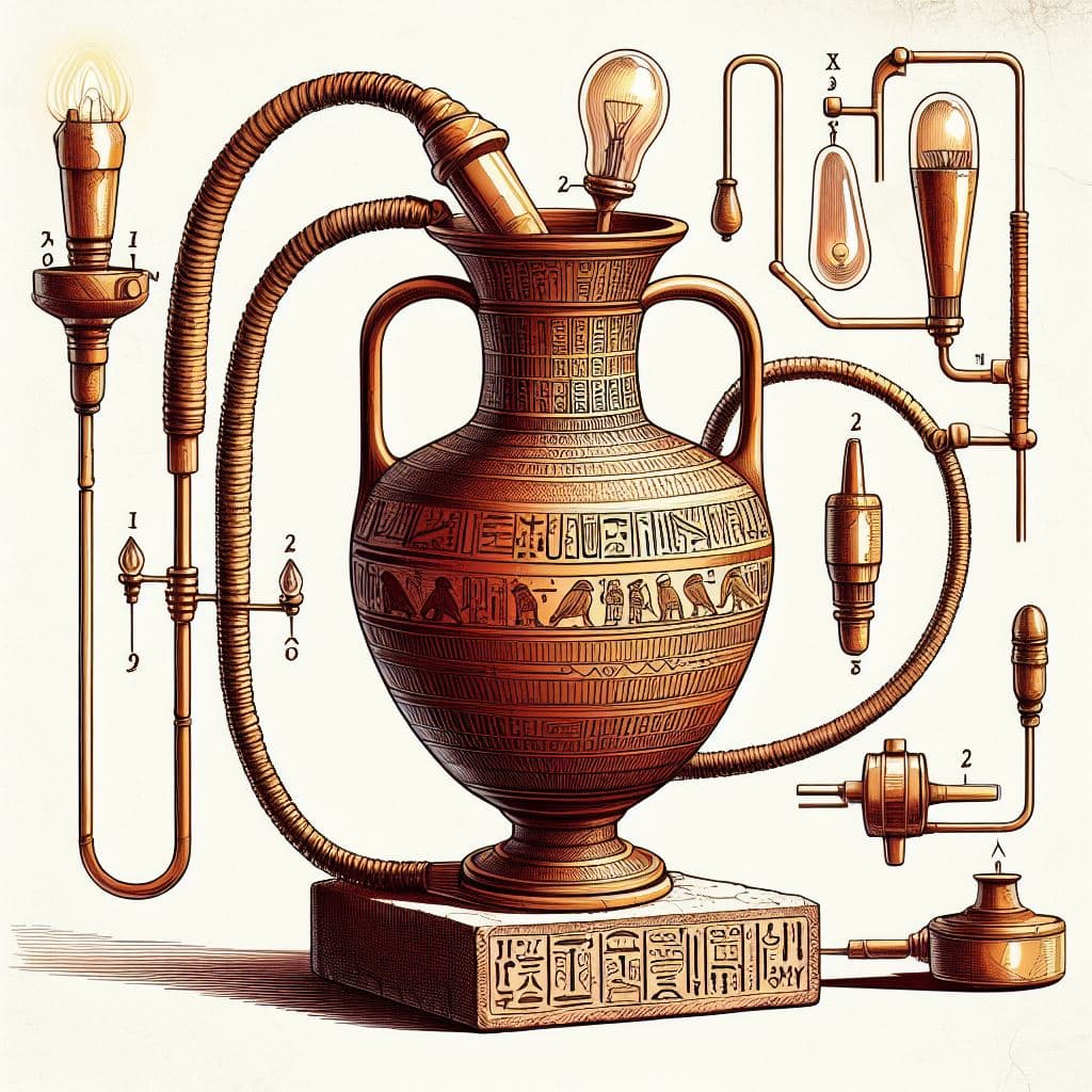 AI generated: Archaic Egyptian battery which consists of an amphora and 2 wires leading to an unusual shaped lamp