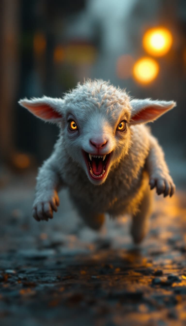 AI generated: a monster baby lamb running and growl , streets of jerusalem, eyes are orange fire, vampire teeth , ...