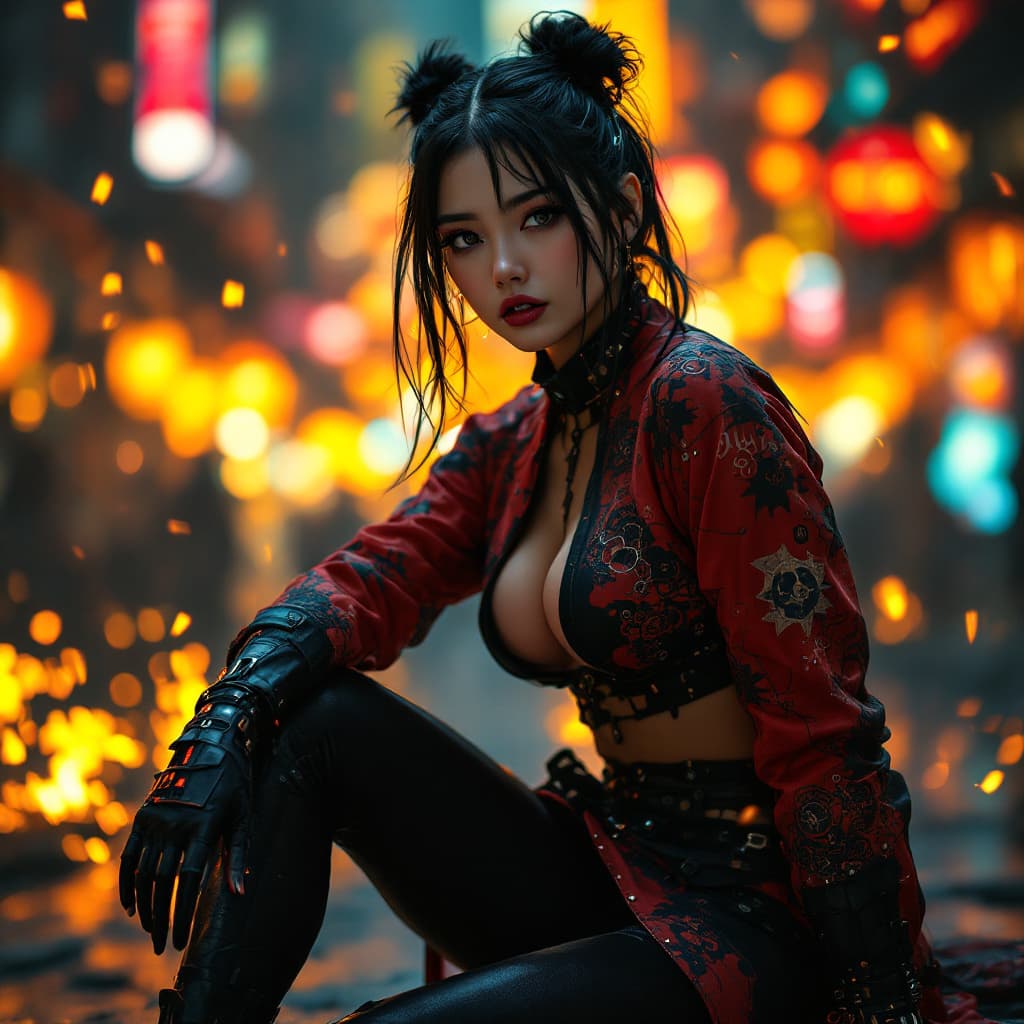 AI generated: Gorgeous 18 years dystopian Japanese  girl wearing  dystopian cyberpunk  punk emo qipao  and black l...