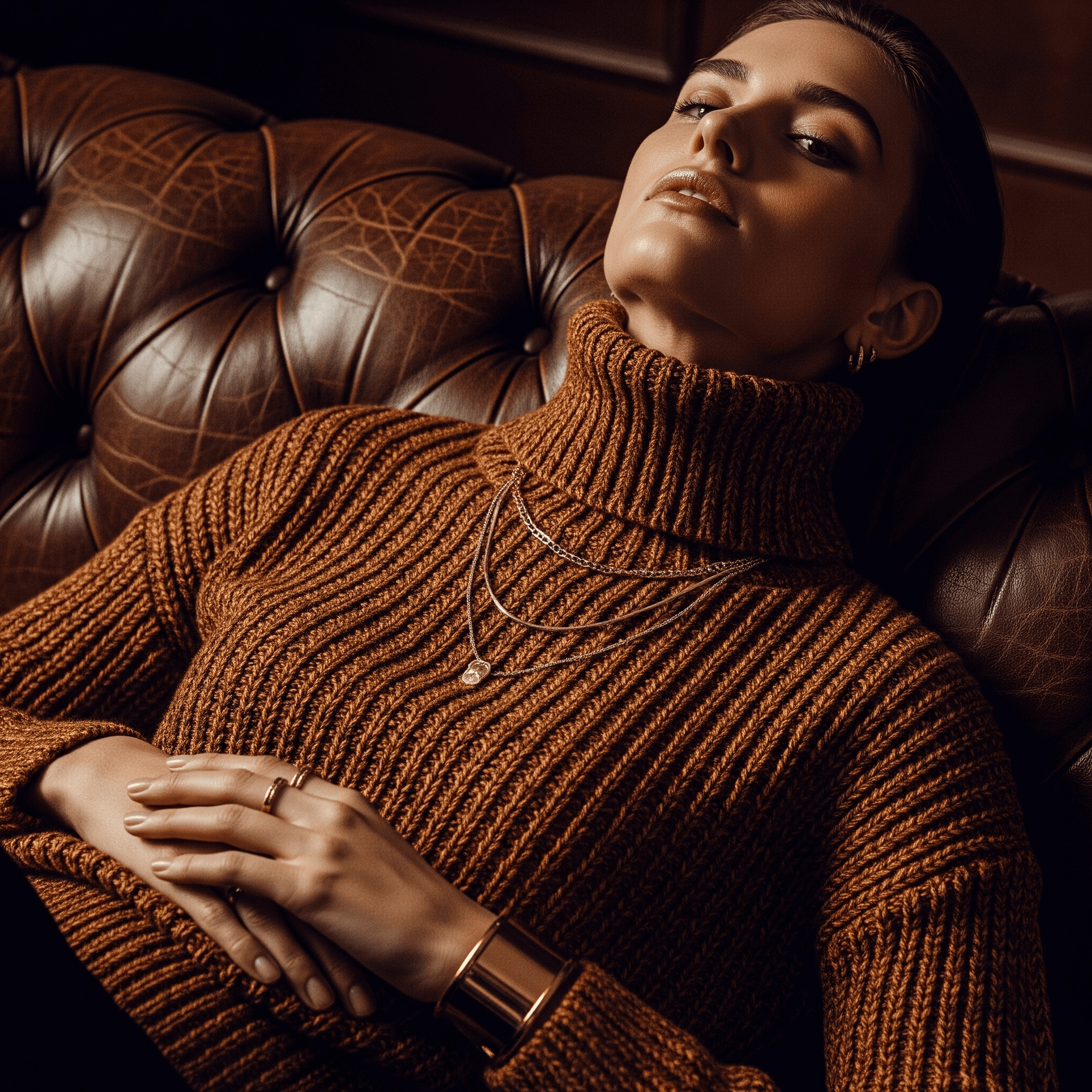 AI generated: Close-up, high-fashion photograph of a woman wearing a luxurious, textured copper-brown knit turtlen...