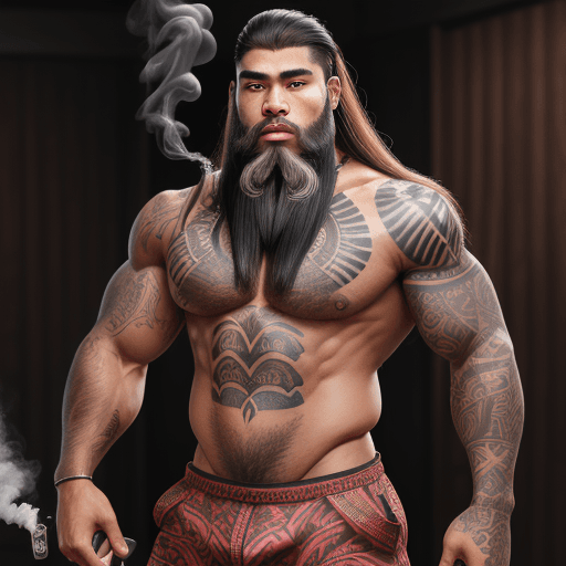 AI generated: Kapre on a long wolfcut with long beard, bahag shorts, barefoot, moderate muscular physique with sho...