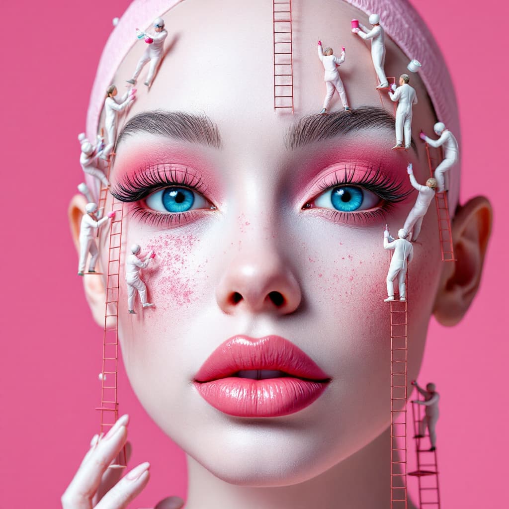 AI generated: Create a Real Eye of a Model Face - A real photo of numerous tiny people, reminiscent of midgets, pe...