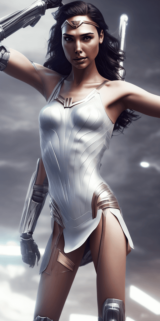 AI generated: (((Gal Gadot))), a woman in a sexy white jumpsuit, posing for a photo, cyberpunk art by Lü Ji, cgsoc...
