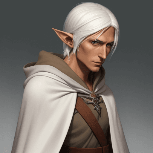 AI generated: A White hair elf, spy, with tan skin, wearing a cloak 