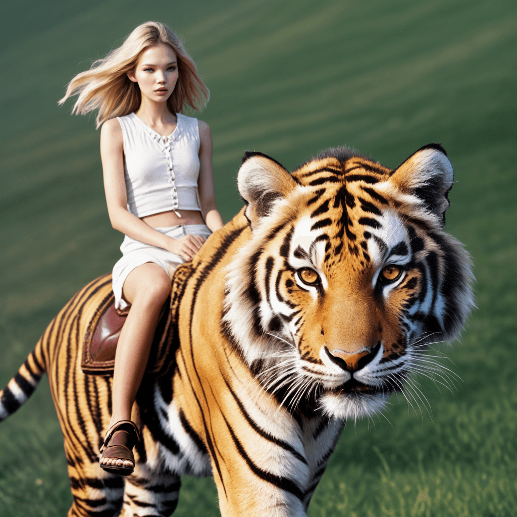 AI generated: photo of a gorgeous woman sasha luss riding a giant tiger