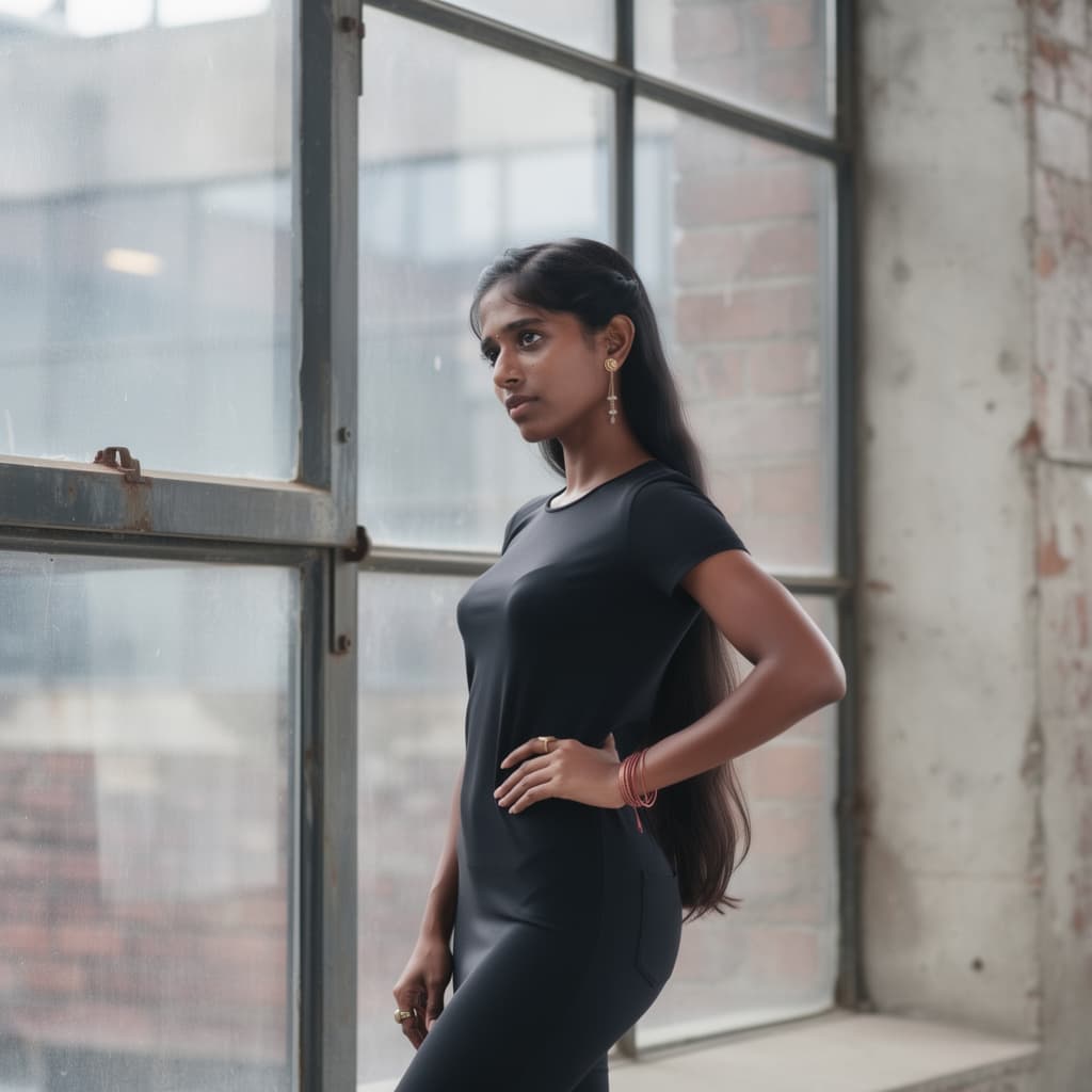 AI generated: Create a high-resolution, photorealistic image of a fit adult woman standing by a large, industrial-...