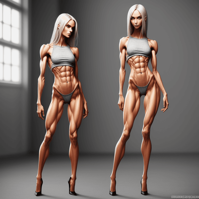 AI generated: extreme beautiful skinny slender (almost anorexic) girl with skinny slender thighs narrow,in 
high h...