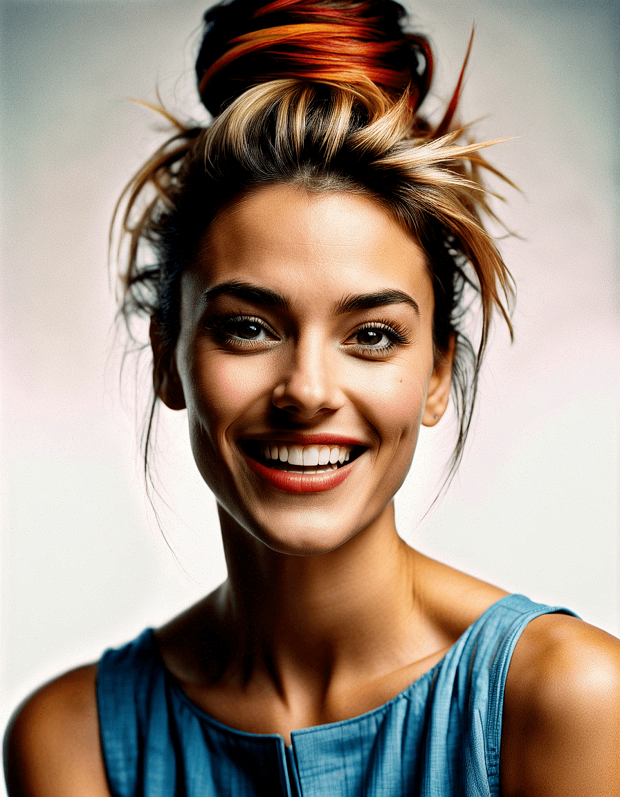 AI generated: The image is a portrait of a woman with a messy bun in her hair. She is  smiling for the camera. The...